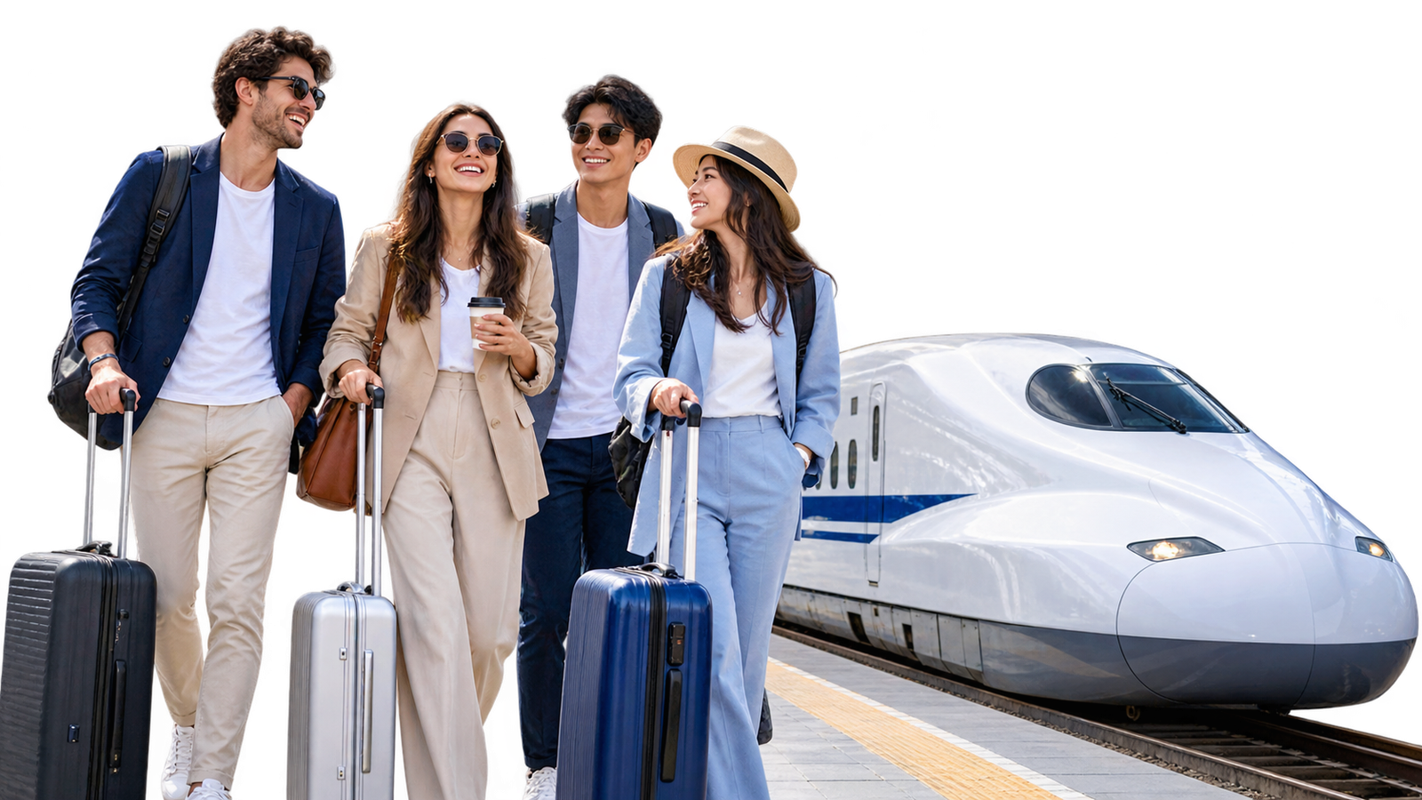 Travelers with luggage on the platform beside the Tokyo to Kyoto Shinkansen
