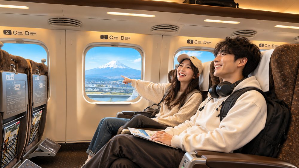 Nozomi Green Car interior with wide seats and a Mount Fuji view