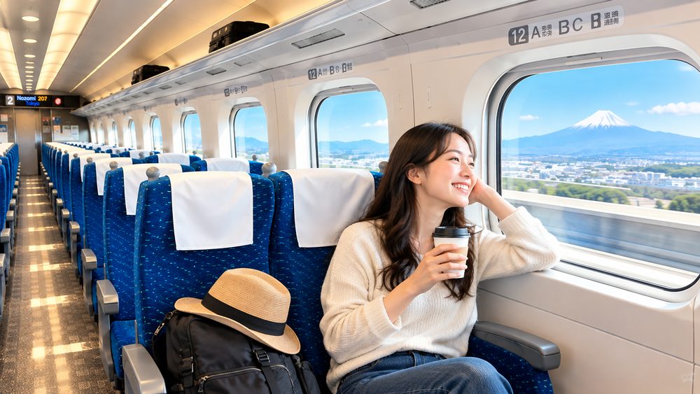 Nozomi Standard Car interior with blue seats and a Mount Fuji view