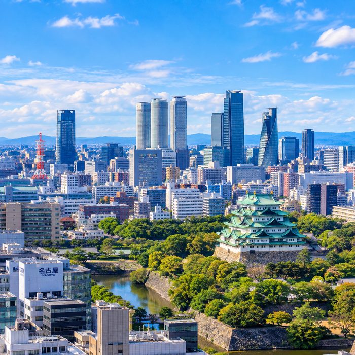 Nagoya Castle with the city skyline behind it