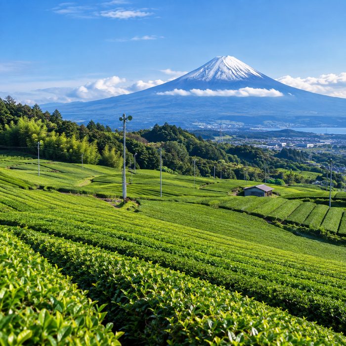 Tea fields near Shizuoka with Mount Fuji in the distance