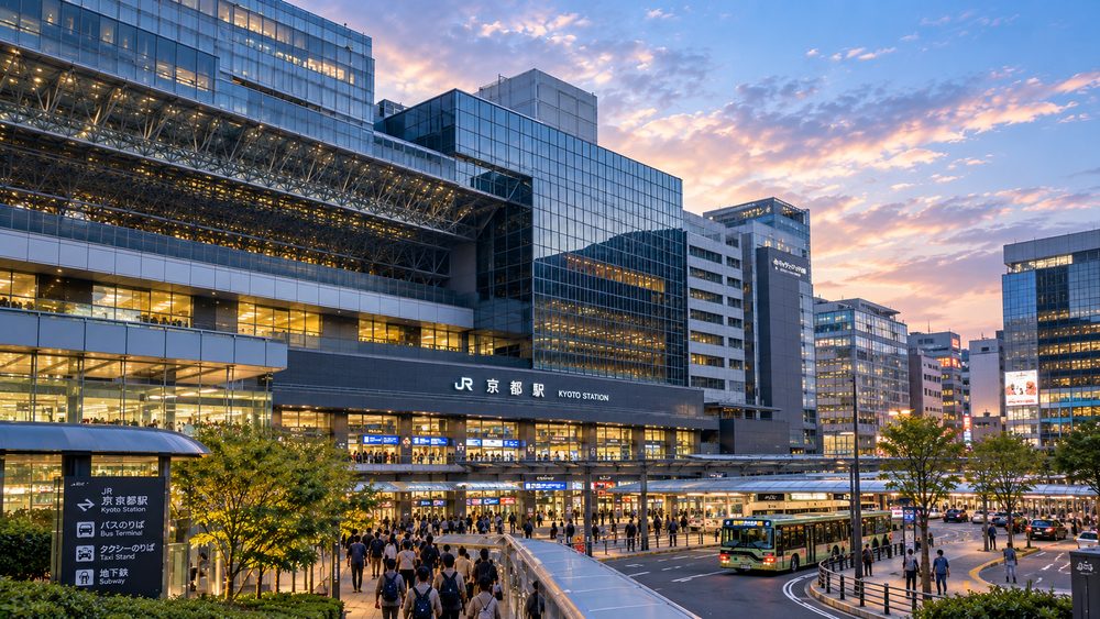 Kyoto Station's glass facade at dusk