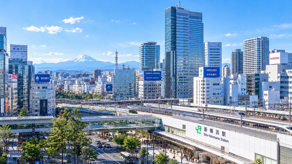 Shin-Yokohama Station with Mount Fuji visible on the skyline