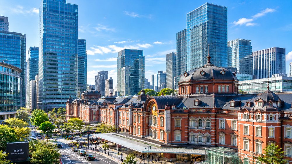 Tokyo Station's red-brick facade at street level