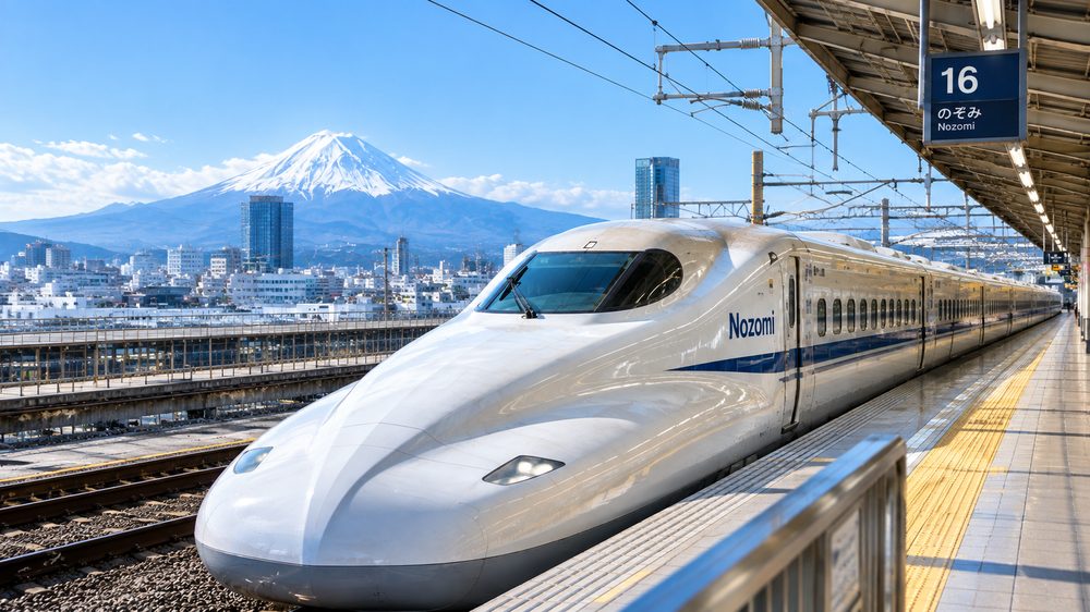 Nozomi Shinkansen at the platform with Mount Fuji behind it